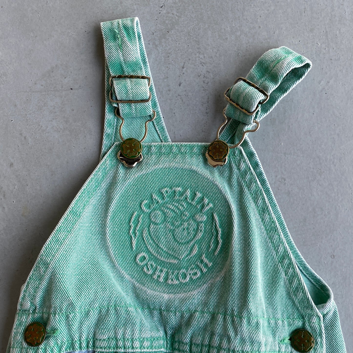 Vintage OshKosh Super Hero Mint Denim Shortalls (18M)
