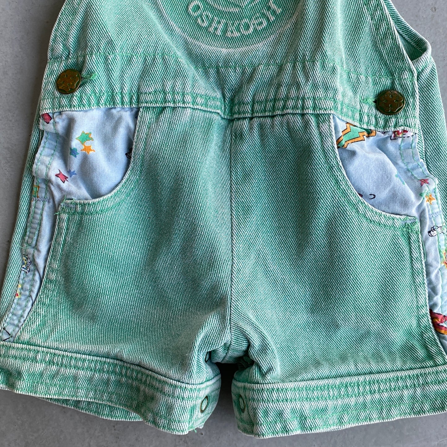 Vintage OshKosh Super Hero Mint Denim Shortalls (18M)