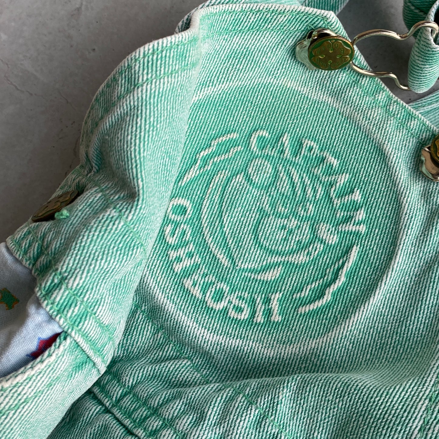 Vintage OshKosh Super Hero Mint Denim Shortalls (18M)