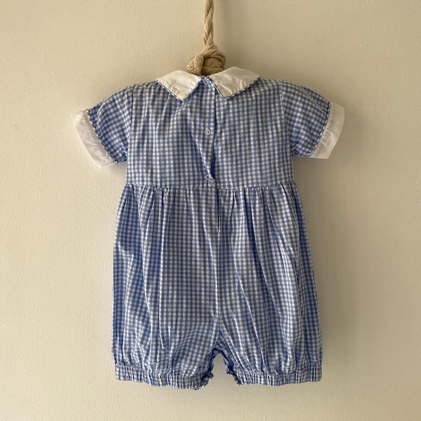 Blue Gingham Hand Embroidered Apple Romper (3/6M)