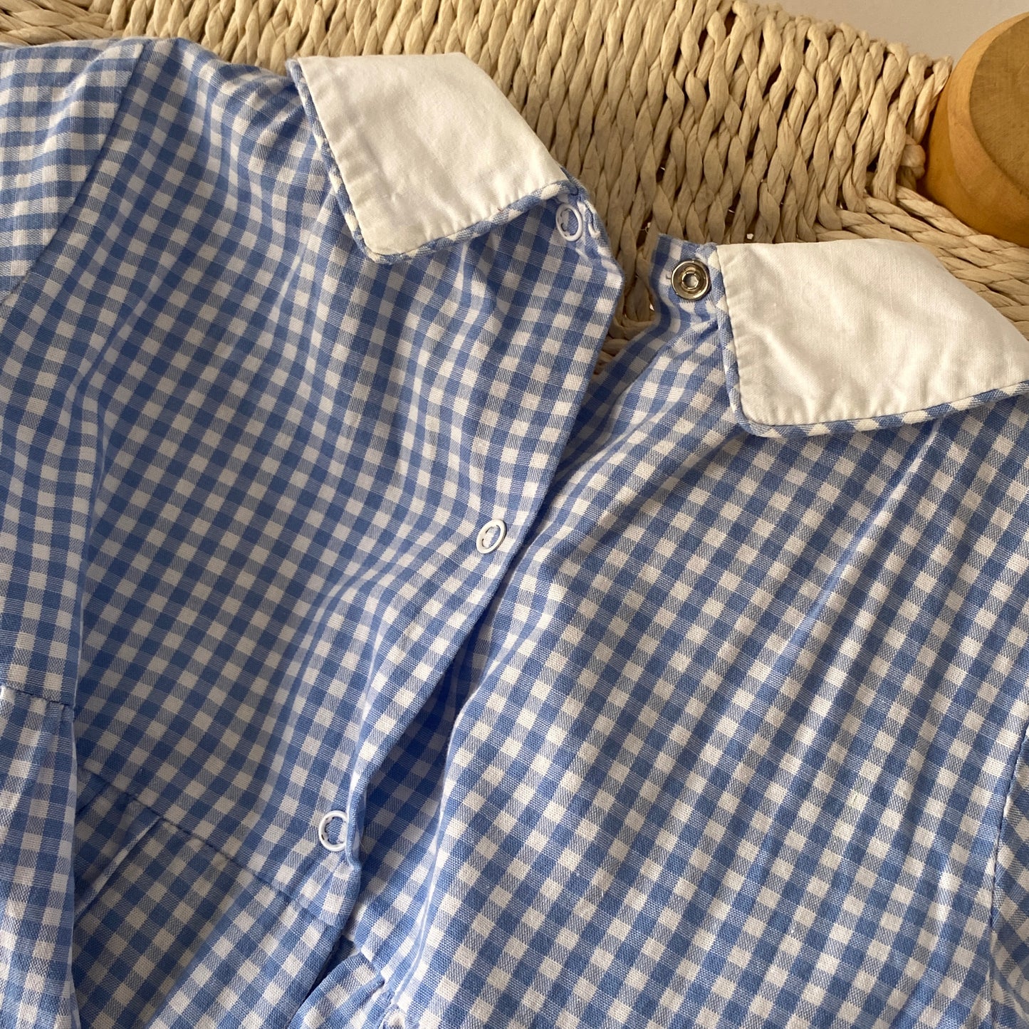 Blue Gingham Hand Embroidered Apple Romper (3/6M)