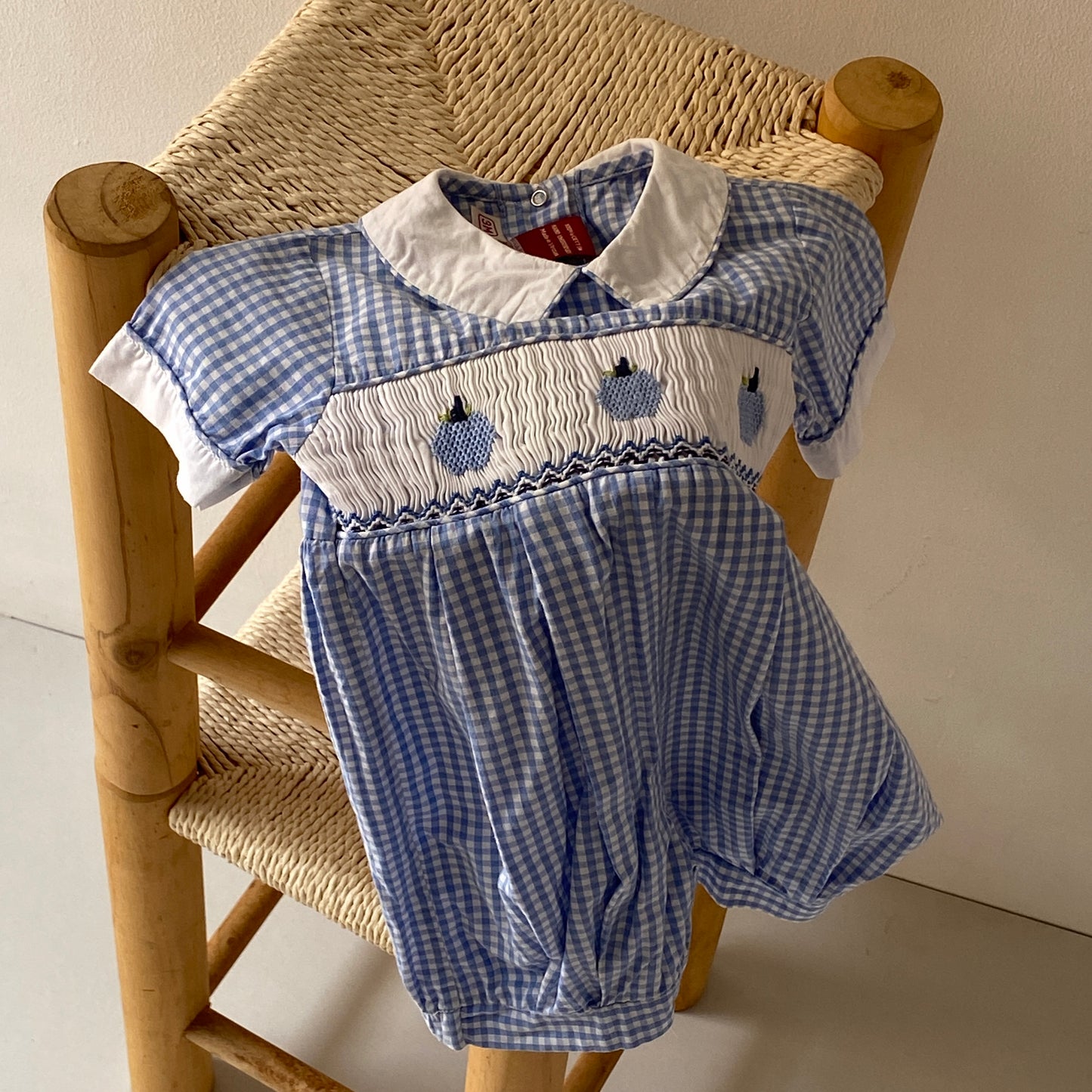 Blue Gingham Hand Embroidered Apple Romper (3/6M)