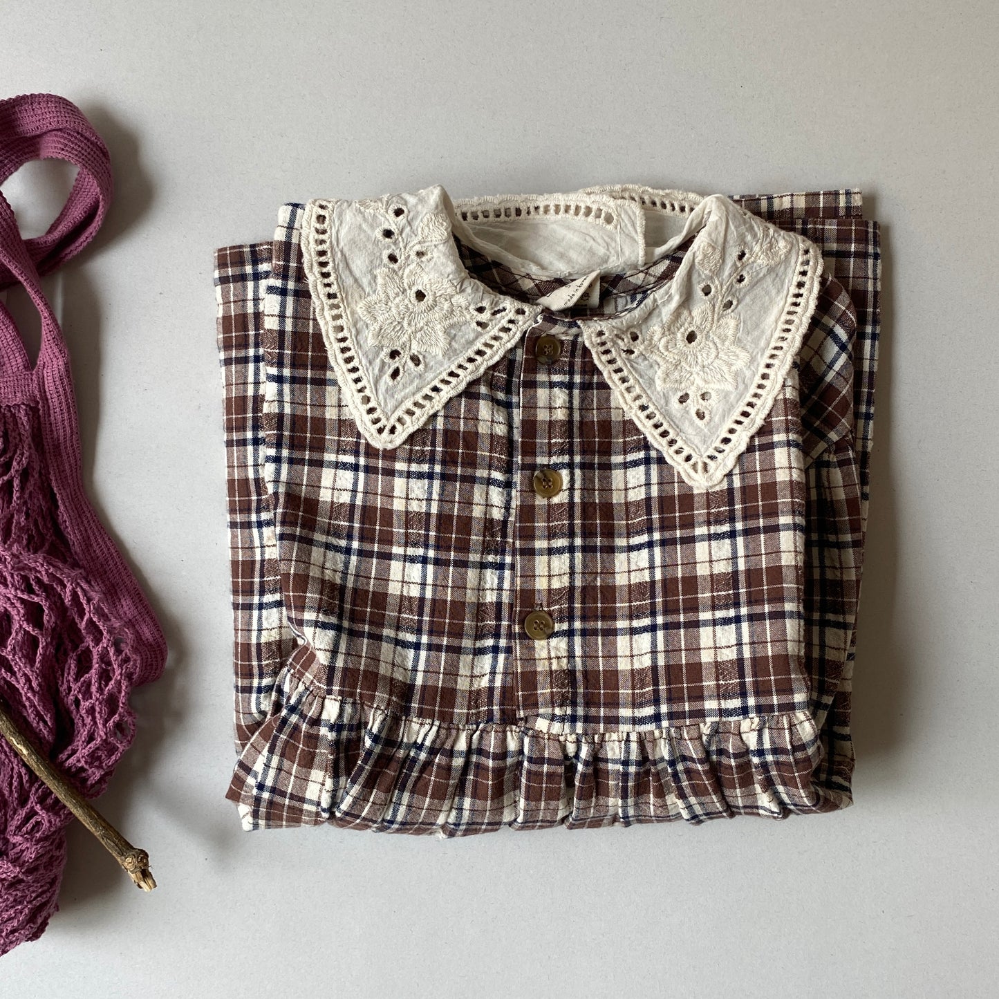 Brown Plaid Eyelet Collar Dress (3/4Y)