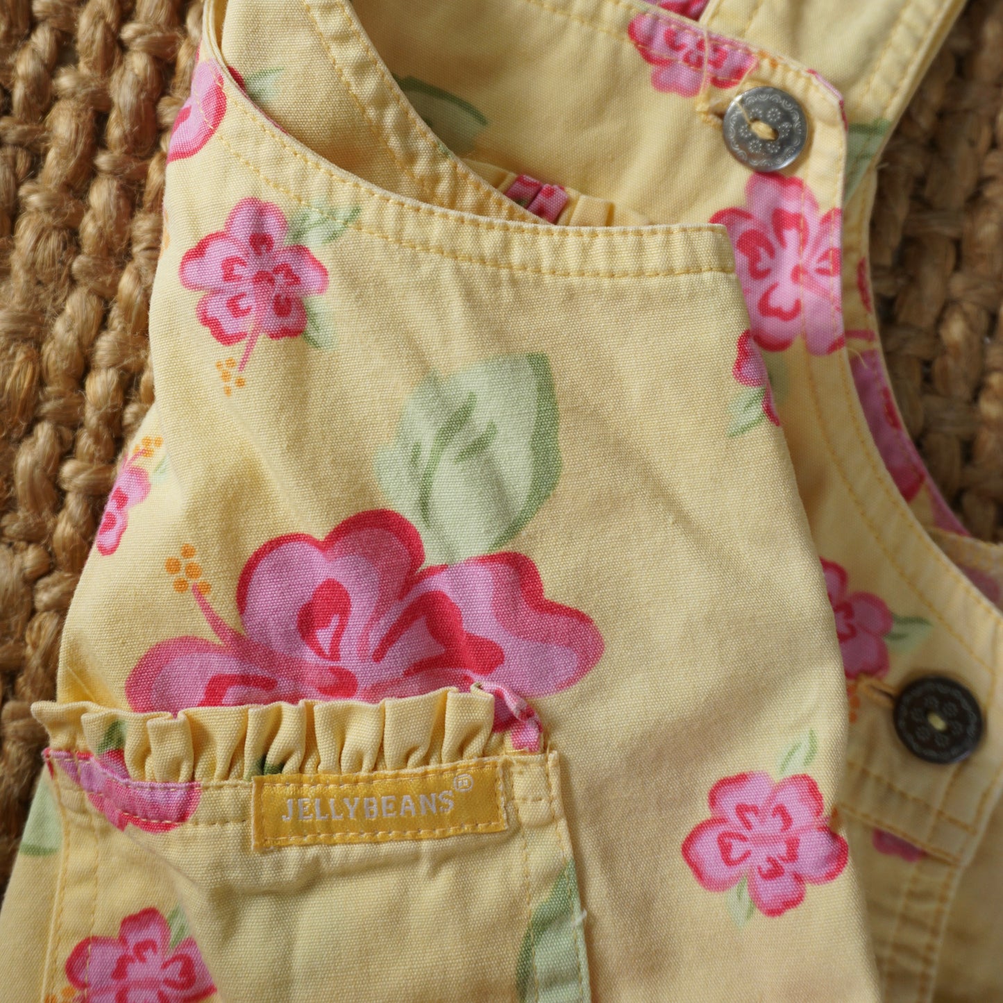 Aus-Designed Vintage Yellow Pink Hibiscus Shortalls (9/12M)