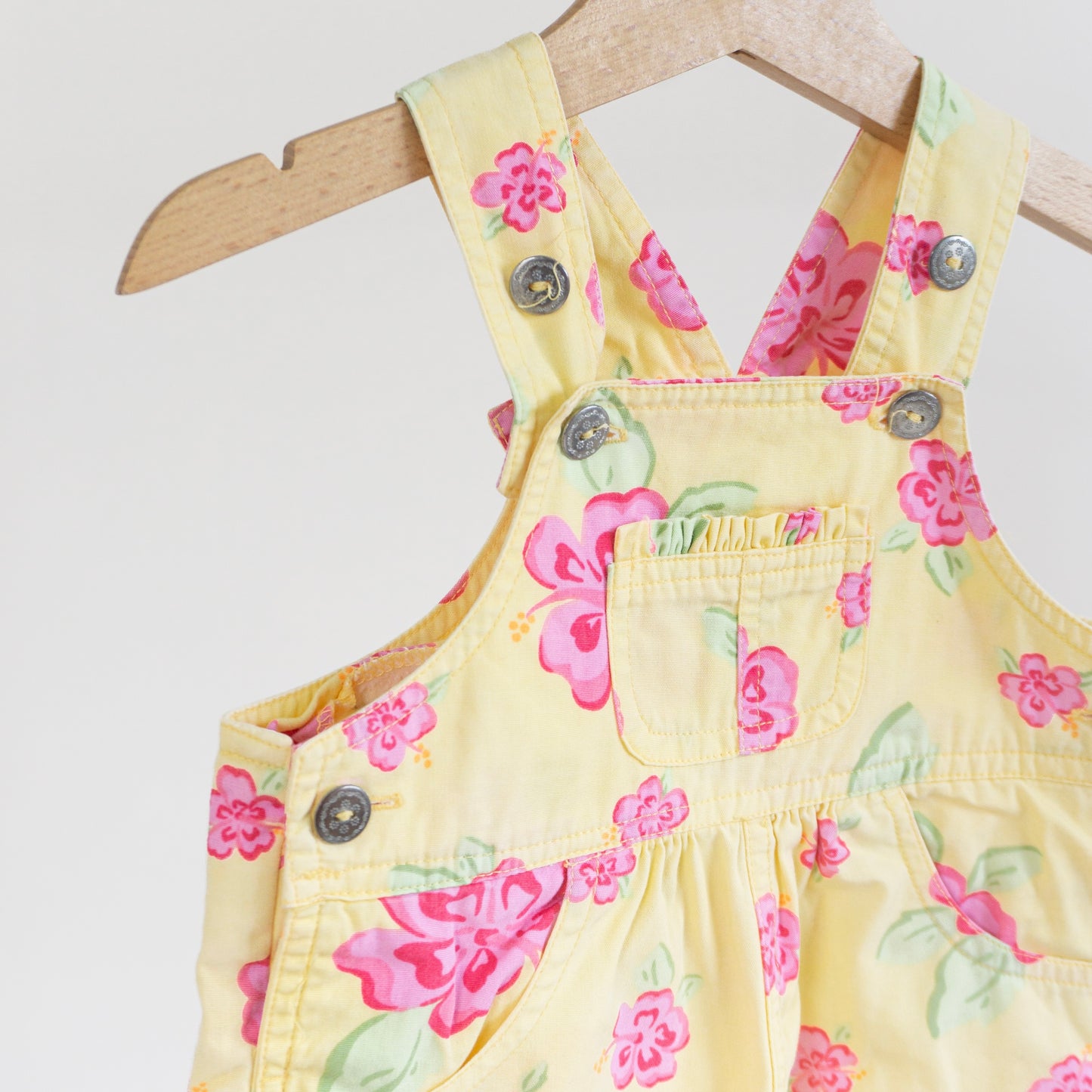 Aus-Designed Vintage Yellow Pink Hibiscus Shortalls (9/12M)