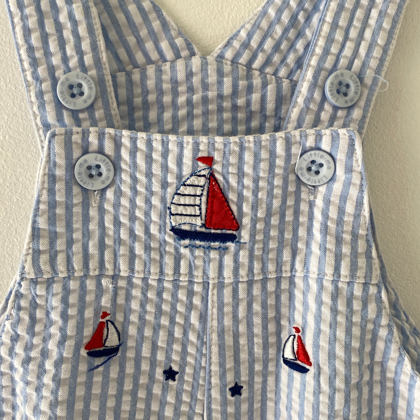 Blue Striped Sailboat Embroidered Shortalls (9M)