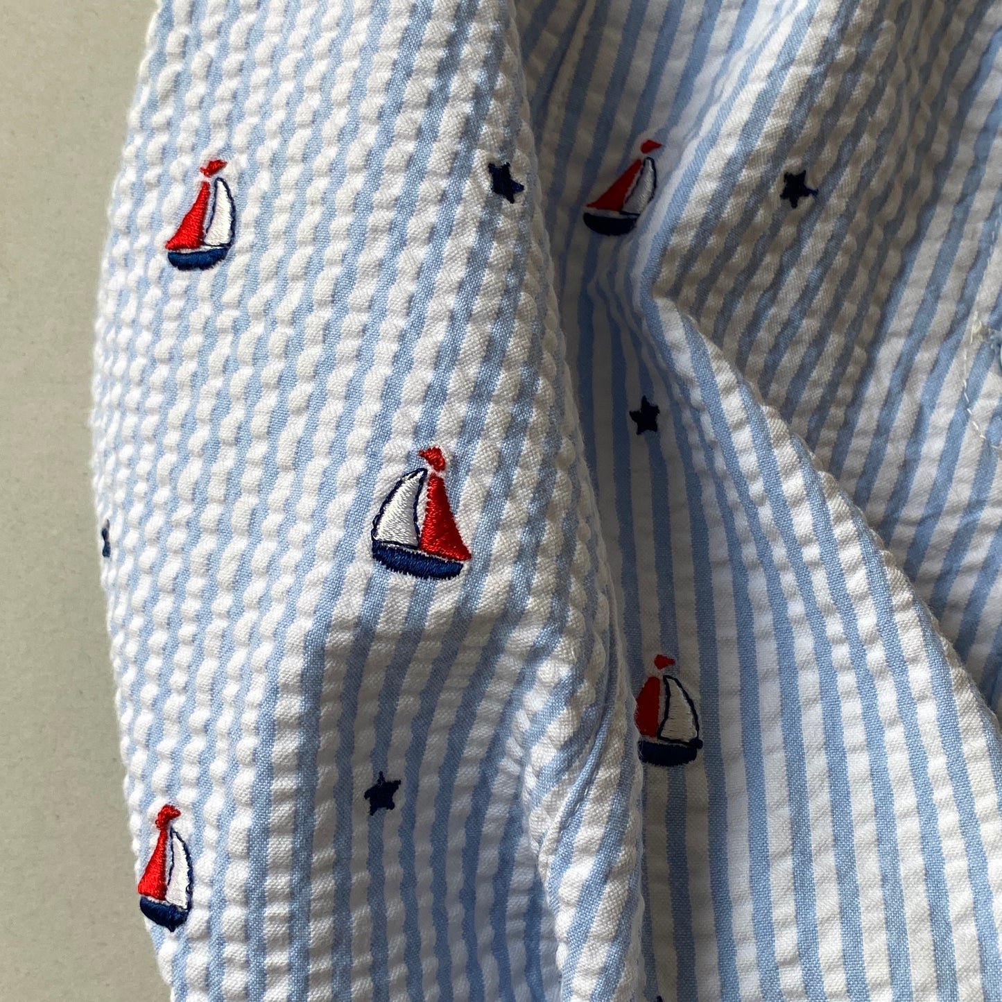 Blue Striped Sailboat Embroidered Shortalls (9M)
