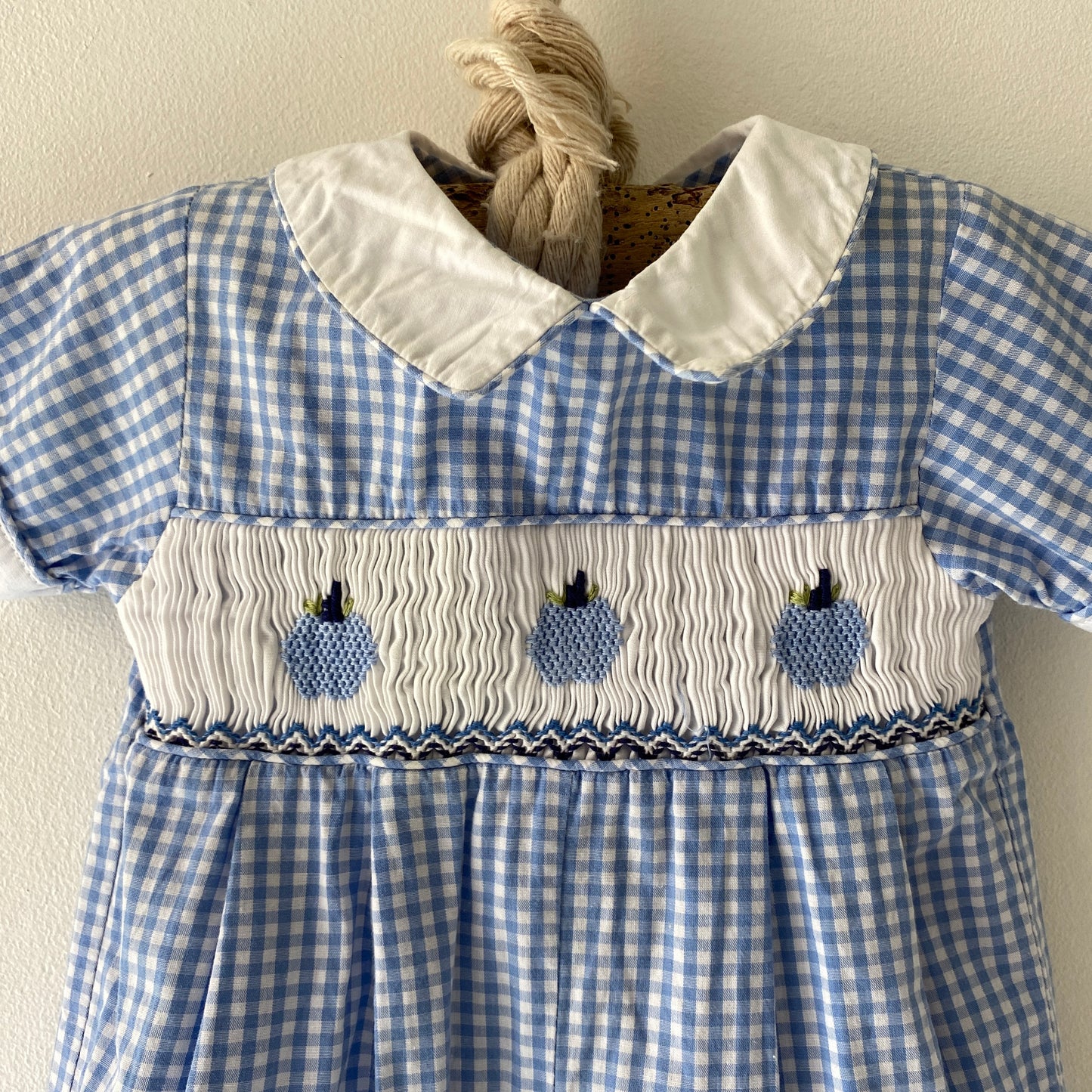 Blue Gingham Hand Embroidered Apple Romper (3/6M)