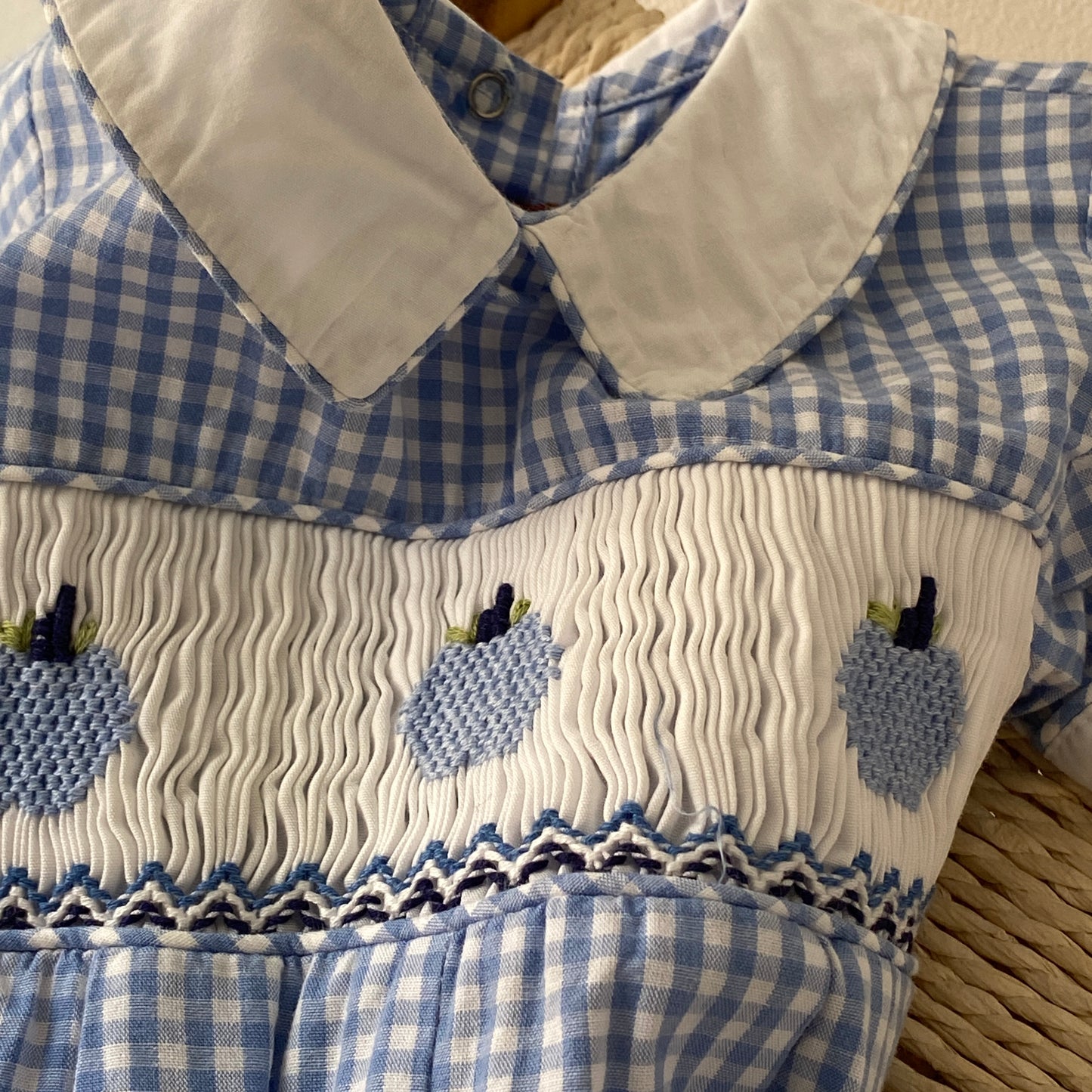 Blue Gingham Hand Embroidered Apple Romper (3/6M)