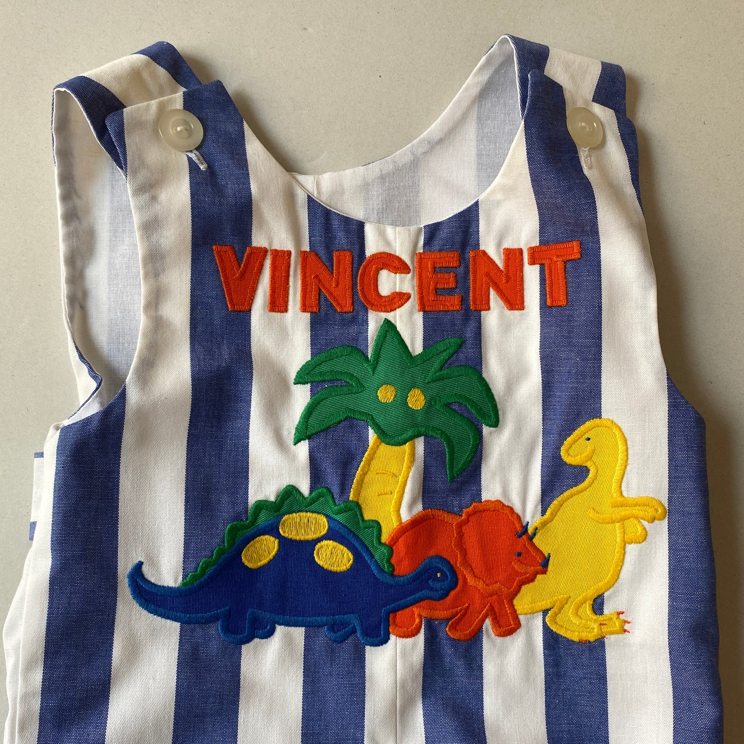 Vintage Chunky Blue Striped Dino Romper (18M)