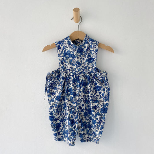 Vintage Blue Floral Ribbon Side Bubble Romper (3/6M)