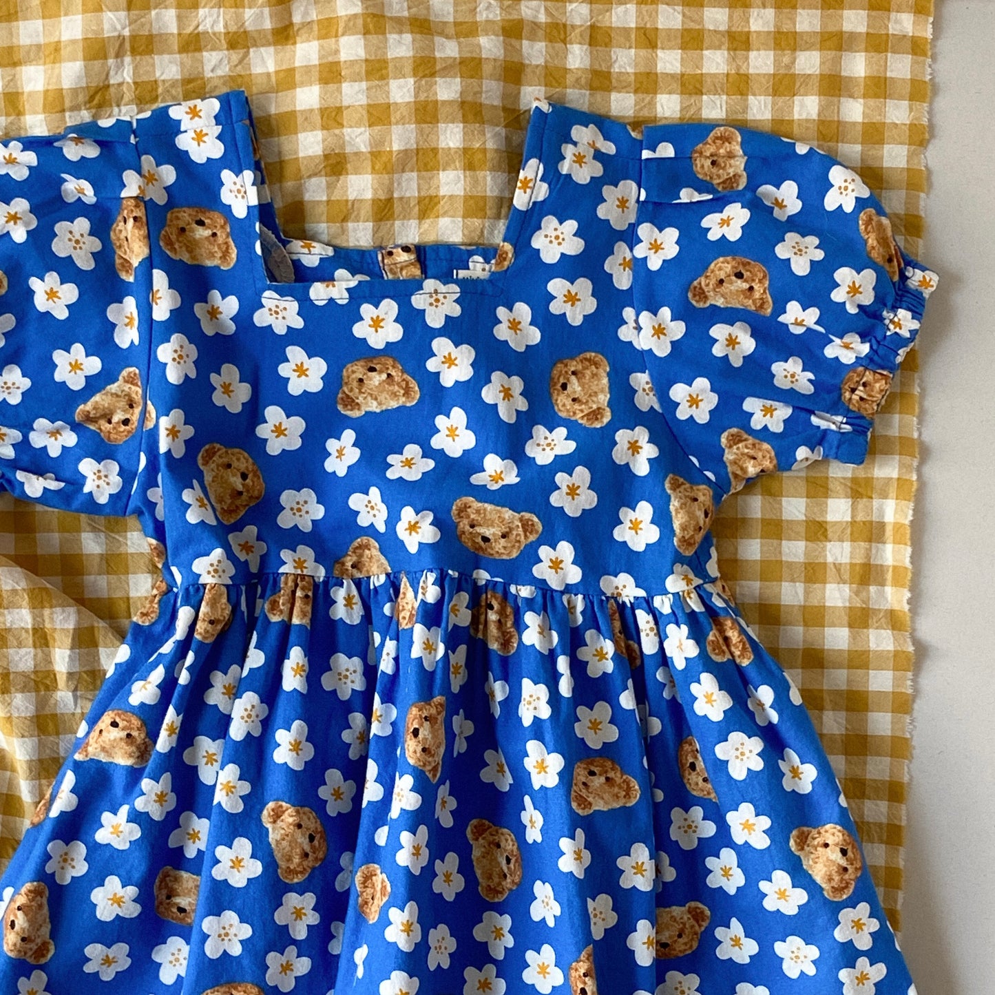 Blue Teddy Bear Floral Puff Sleeve Dress (4-6Y)