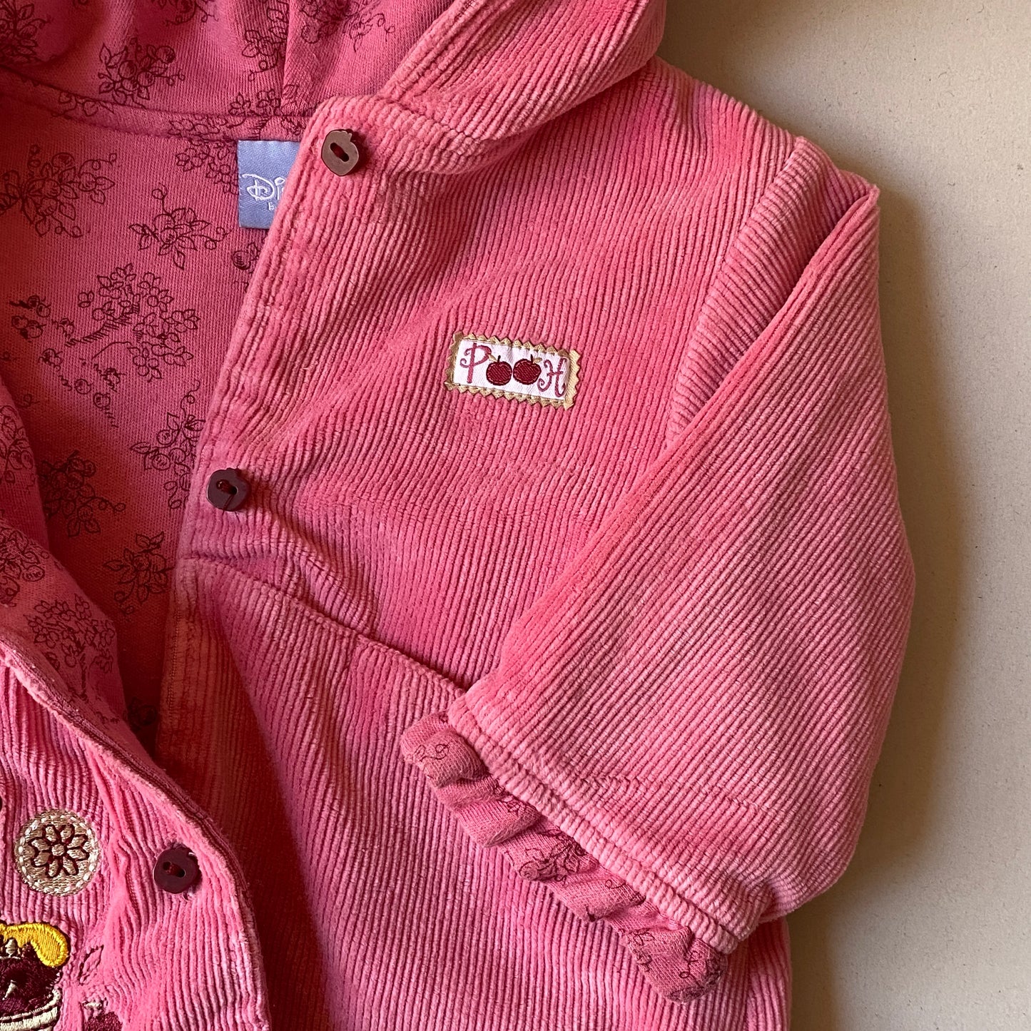 Pooh Dark Pink Pincord Ruffle Hoodie Jacket (3/6M)